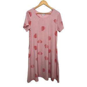 Lularoe Women's Size Medium White Red Strips Red Heart Short Sleeve Dress Midi